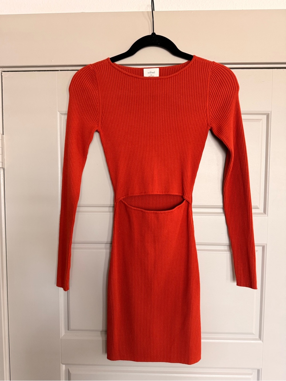 Wilfred (Aritzia) Ribbed Cutout Long-Sleeve Dress in burnt orange
